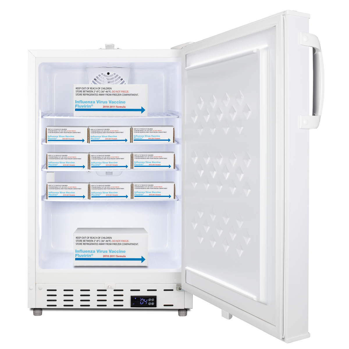 Built-in undercounter ADA compliant +2 C to +8 C all-refrigerator in white with lock, digital controls, wire shelving, hospital cord with 'green dot' plug, NIST calibrated thermometer with alarm, and automatic defrost operation